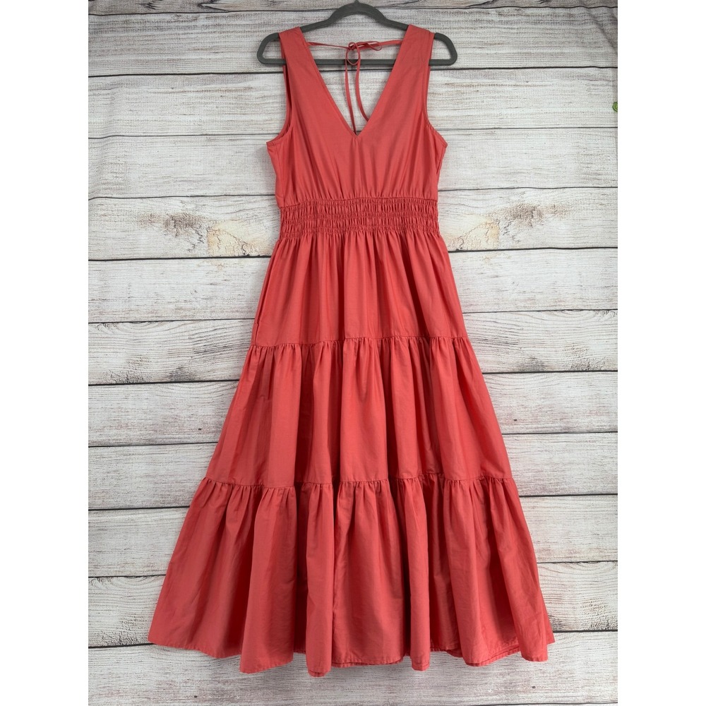 Maeve Anthropologie Maxi Dress Women Size 6 Coral Tiered Smocked V-Neck Cotton - Picture 1 of 9